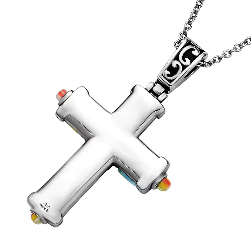 Multi Color Murano Style Cross Pendant Necklace in Black Oxidized Stainless Steel 20 Inches
