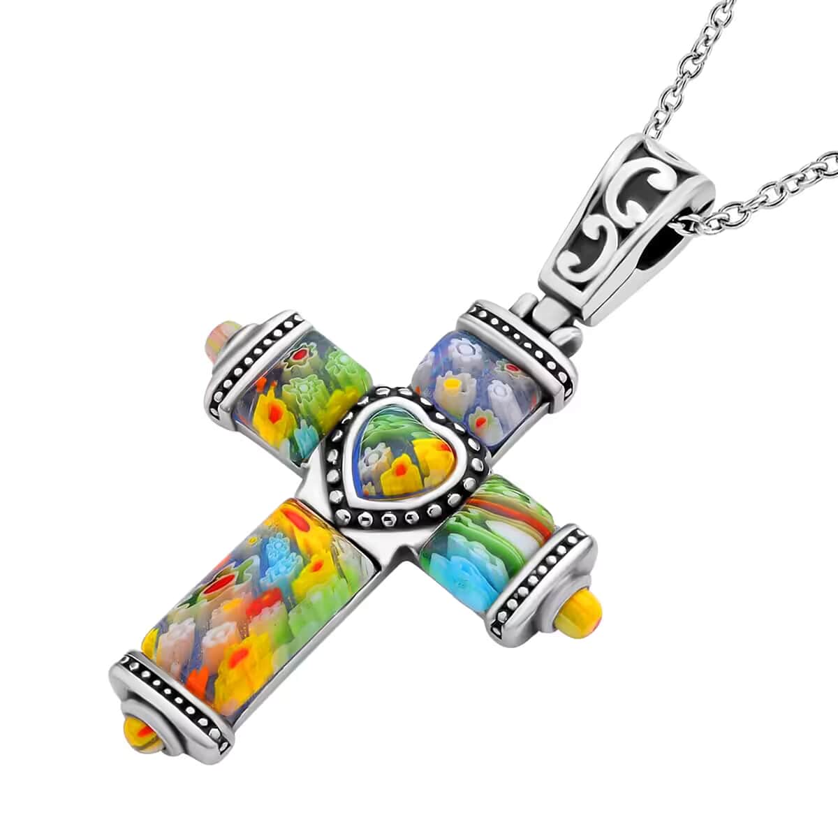 Multi Color Murano Style Cross Pendant Necklace in Black Oxidized Stainless Steel, Floral Millefiori Pendant Necklace, Sweatproof Hypoallergenic Necklace, Gift For Her 20 Inches image number 8