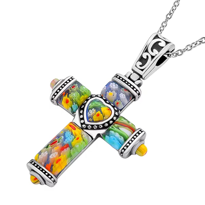 Multi Color Murano Style Cross Pendant Necklace in Black Oxidized Stainless Steel 20 Inches