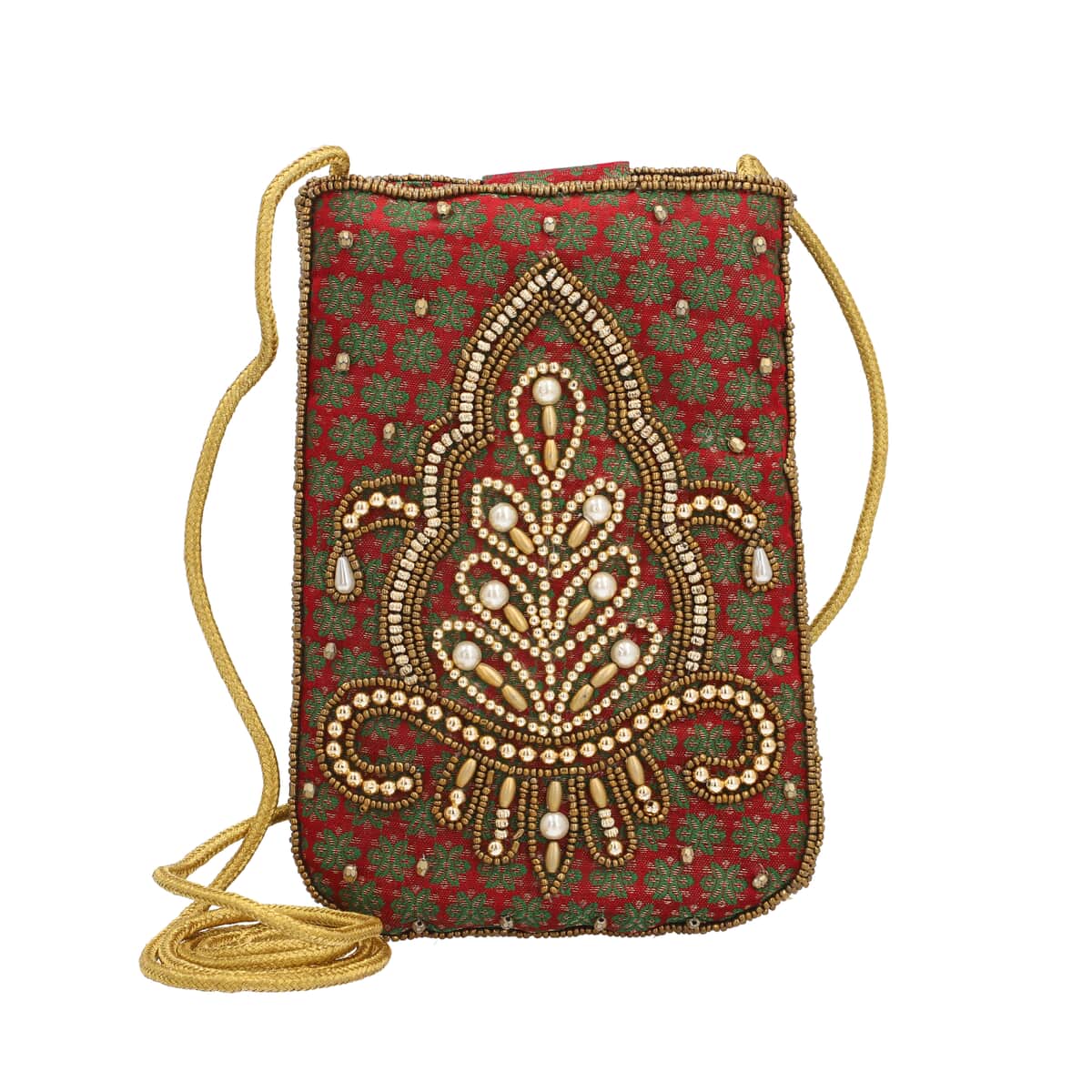 Burgundy, Green, Golden Damask Embroidered Crossbody Potli Pouch image number 0
