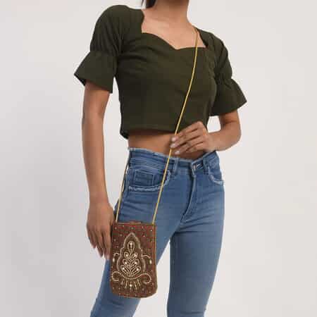 Burgundy, Green, Golden Damask Embroidered Crossbody Potli Pouch image number 1