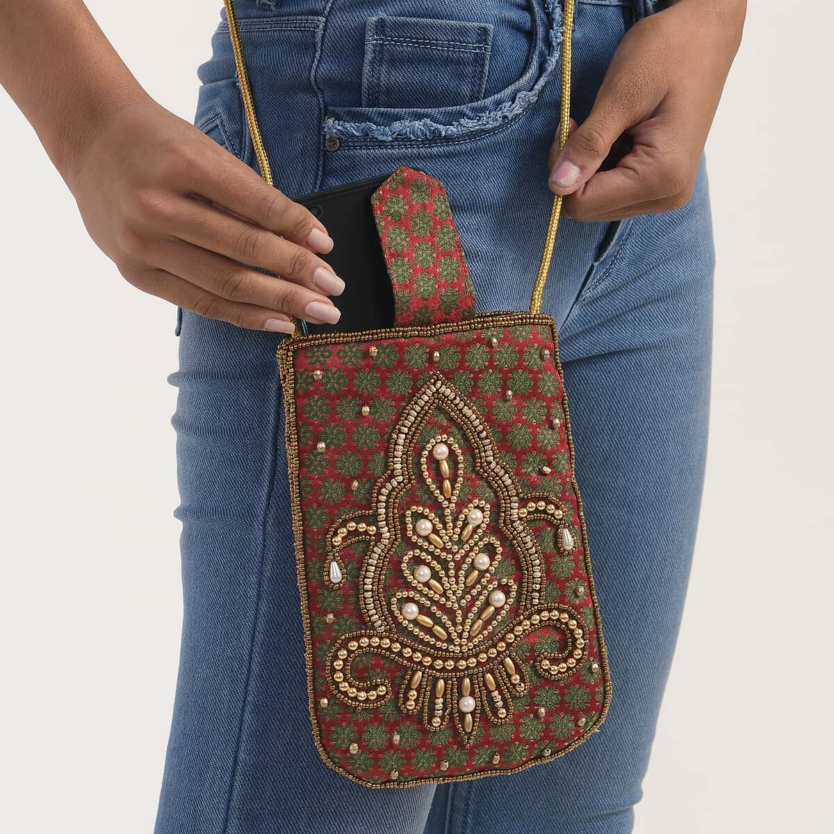 Burgundy, Green, Golden Damask Embroidered Crossbody Potli Pouch image number 2