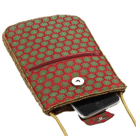 Burgundy, Green, Golden Damask Embroidered Crossbody Potli Pouch image number 4