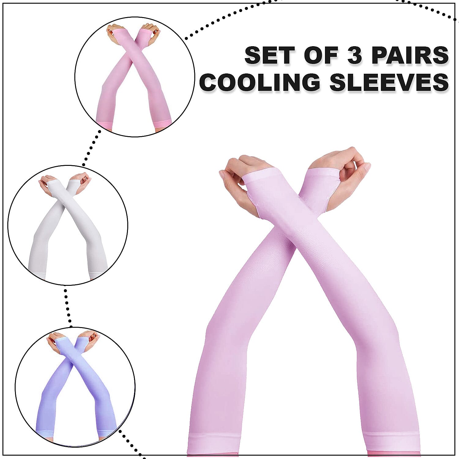 HOMESMART Set of 3 Pairs White, Lilac and Pink Cooling Sleeves (90% Polyamide and 10% Spandex) | Colling Hand Sleeves | UV Protection Sleeves | Arm Sleeves for Sun Protection