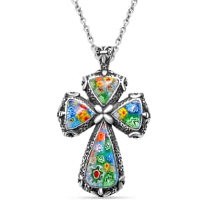 Multi Color Murano Style Cross Pendant Necklace in Black Oxidized Stainless Steel 20 Inches