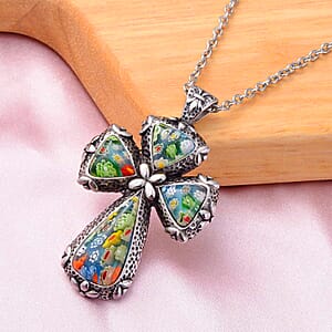 Multi Color Murano Style Cross Pendant Necklace in Black Oxidized Stainless Steel 20 Inches