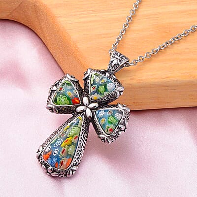 Multi Color Murano Style Cross Pendant Necklace