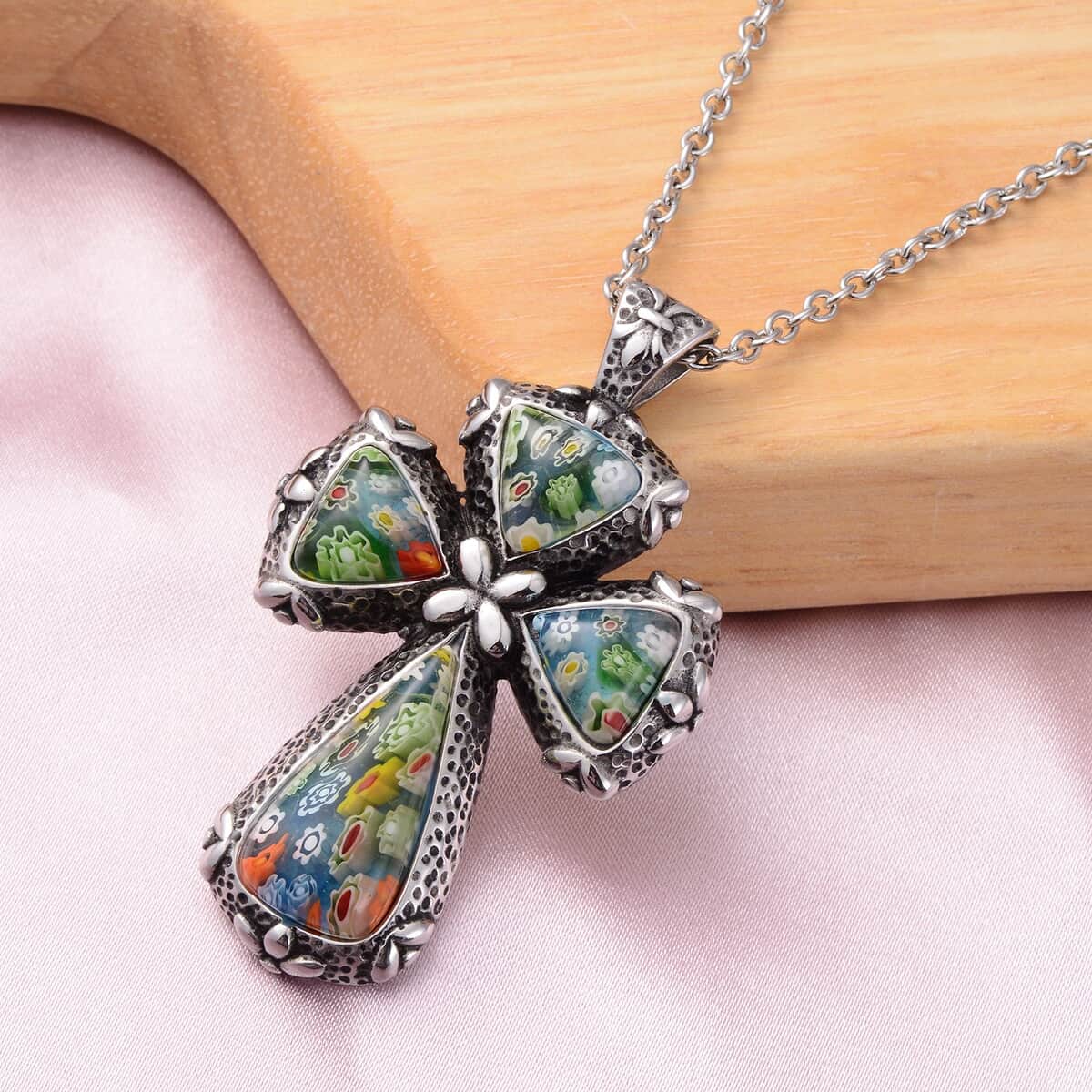 Multi Color Murano Style Cross Pendant Necklace 20 Inches in Black Oxidized Stainless Steel image number 1