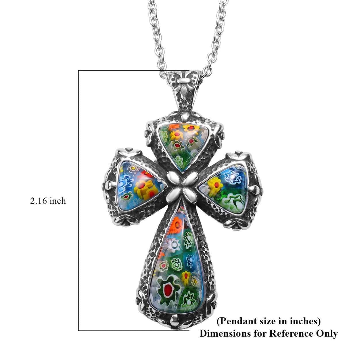 Multi Color Murano Style Cross Pendant Necklace 20 Inches in Black Oxidized Stainless Steel image number 6
