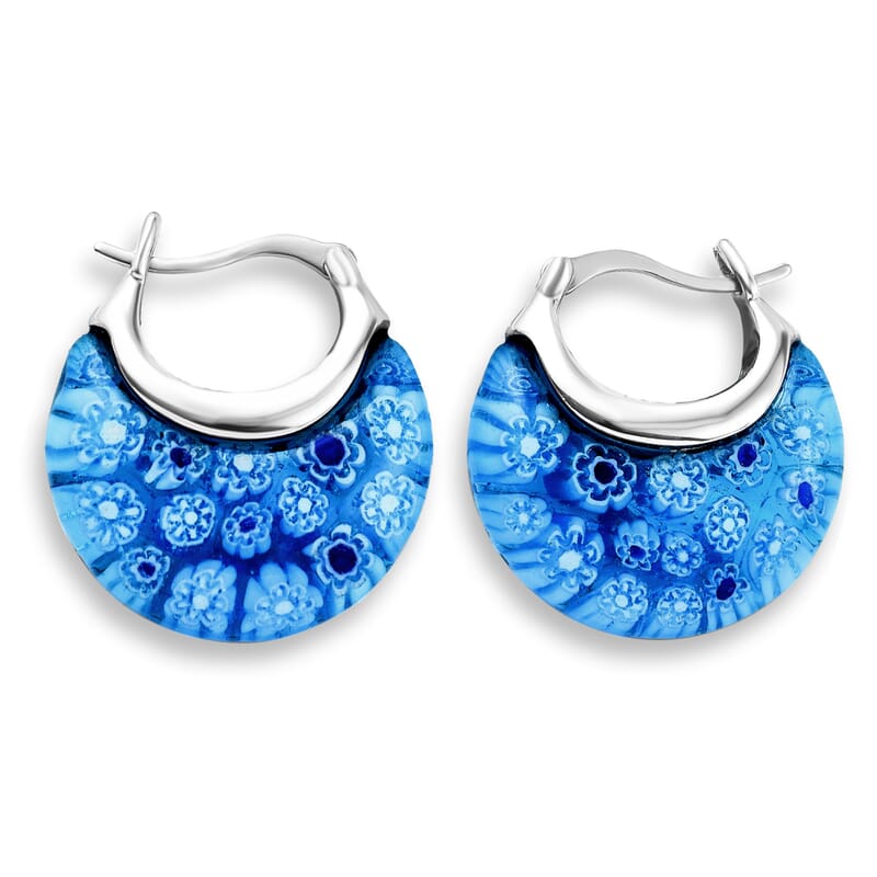 Blue Murano Style Crescent Moon Earrings in Stainless Steel with Lifetime Guarantee
