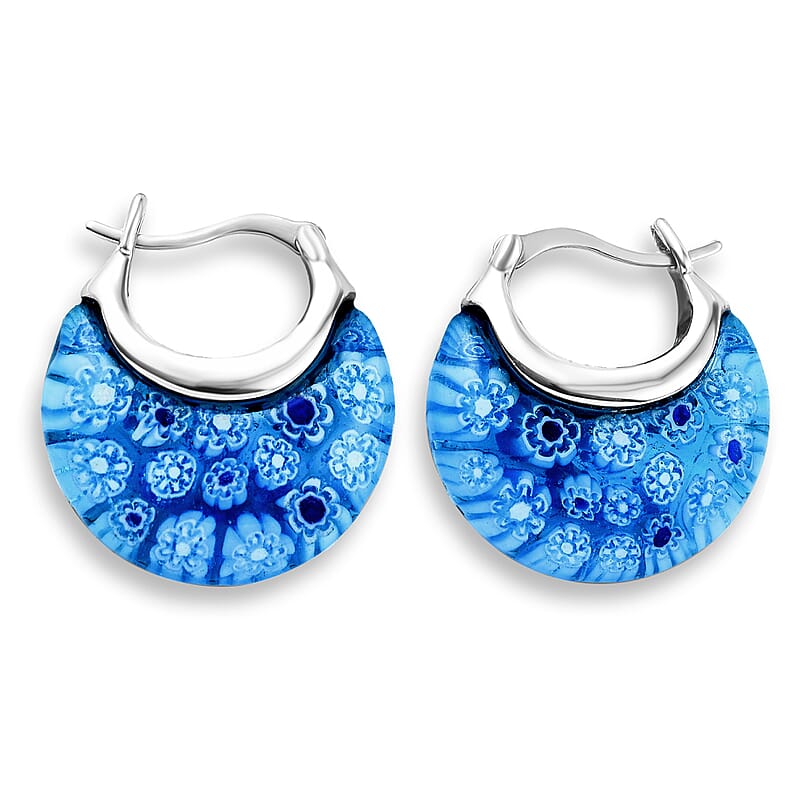 Blue Murano Style Crescent Moon Earrings in Stainless Steel with Lifetime Guarantee