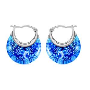 Blue Murano Style Crescent Moon Shape Earrings in Stainless Steel