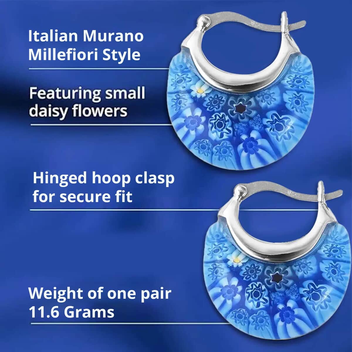 Blue Murano Style Crescent Moon Shape Earrings in Stainless Steel image number 2