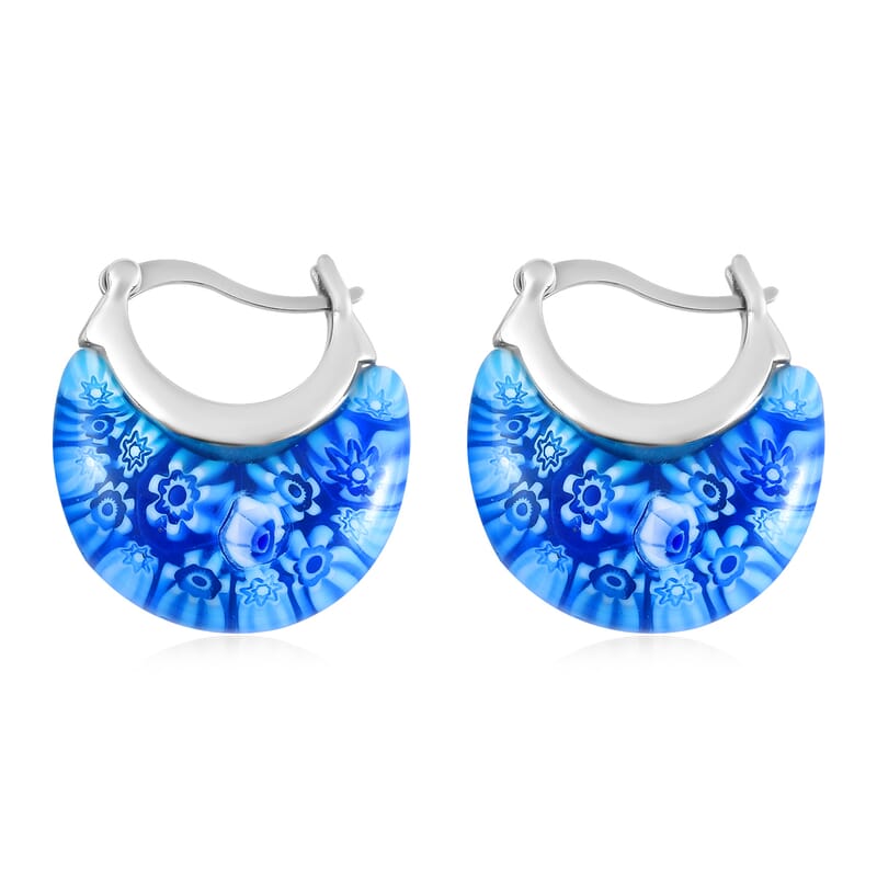 Blue Murano Style Crescent Moon Earrings in Stainless Steel with Lifetime Guarantee