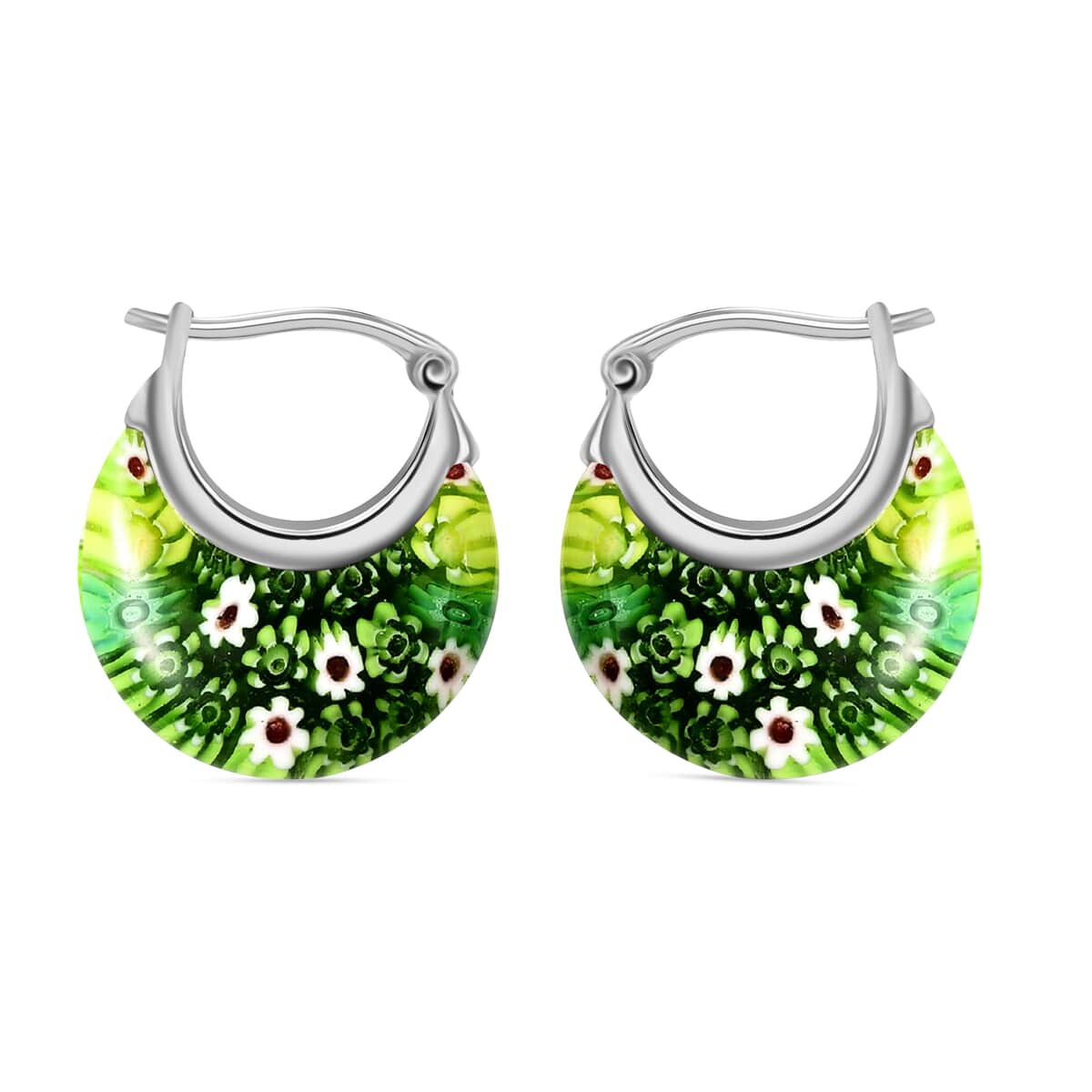 Green Murano Style Hoop Basket Earrings in Stainless Steel, Floral Millefiori Earrings, Sweatproof Hypoallergenic Earrings (Del. in 15-20 Days) image number 0