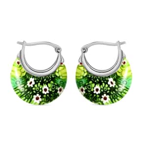 Green Murano Style Hoop Basket Earrings in Stainless Steel, Floral Millefiori Earrings, Sweatproof Hypoallergenic Earrings