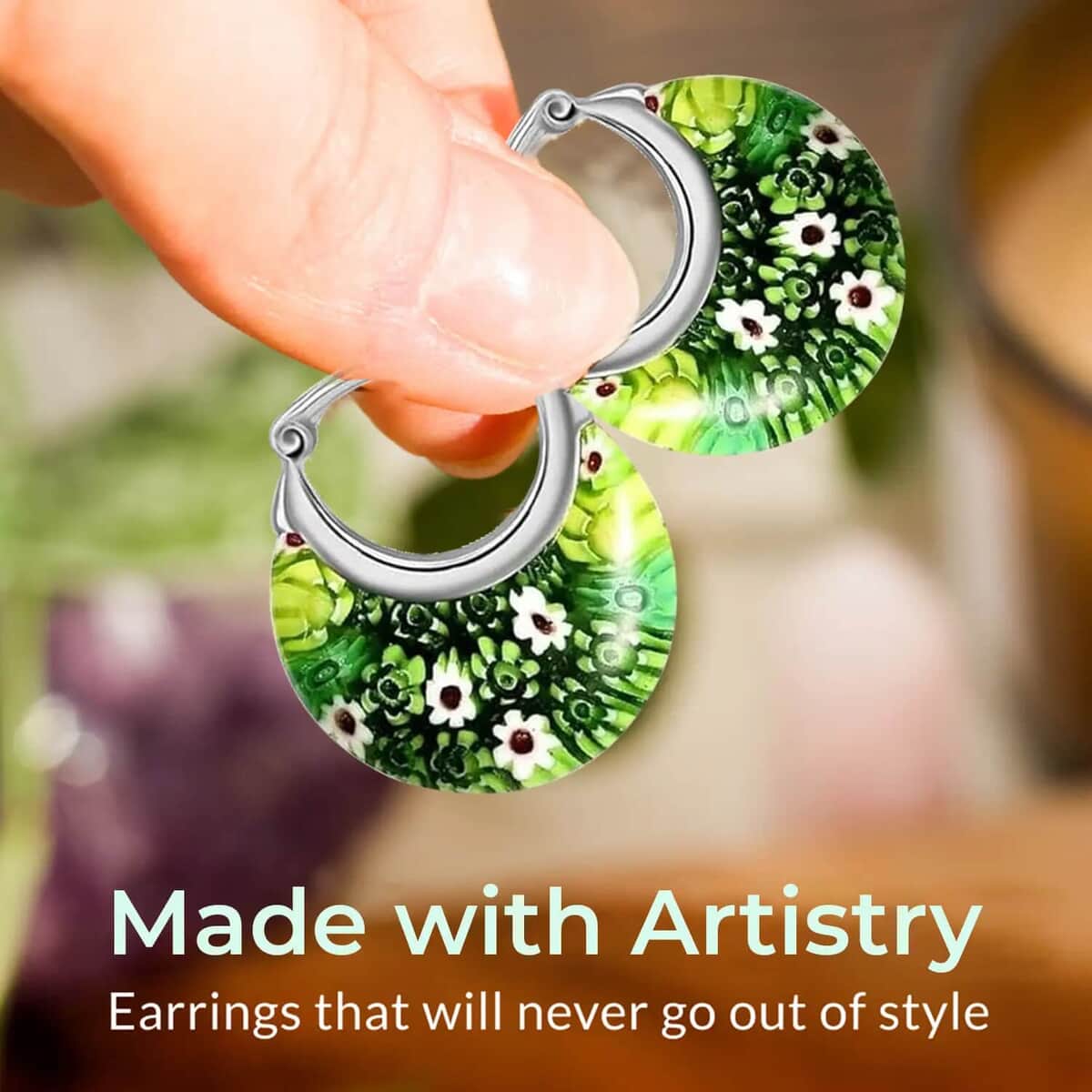 Green Murano Style Hoop Basket Earrings in Stainless Steel, Floral Millefiori Earrings, Sweatproof Hypoallergenic Earrings (Del. in 15-20 Days) image number 1