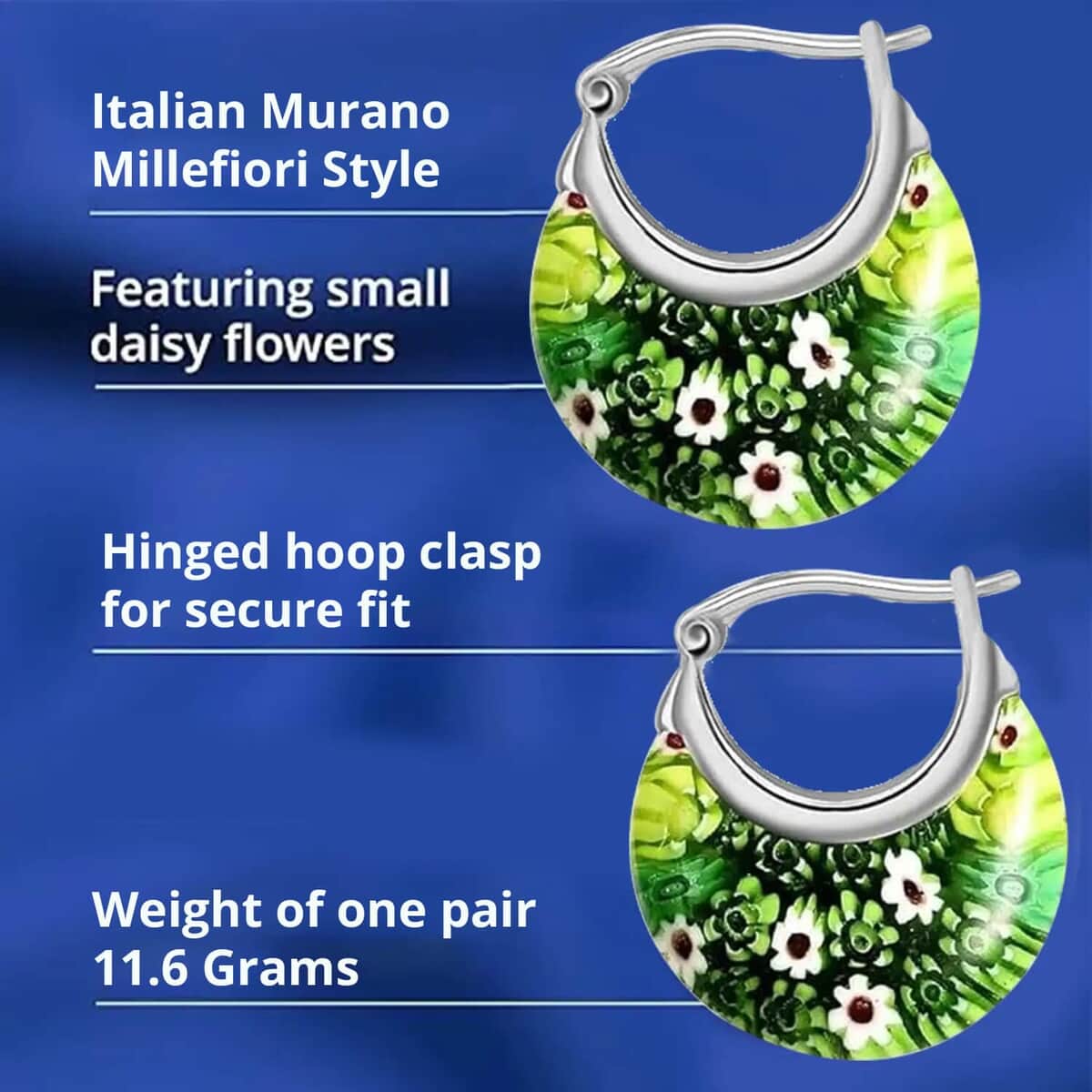 Green Murano Style Hoop Basket Earrings in Stainless Steel, Floral Millefiori Earrings, Sweatproof Hypoallergenic Earrings (Del. in 15-20 Days) image number 2