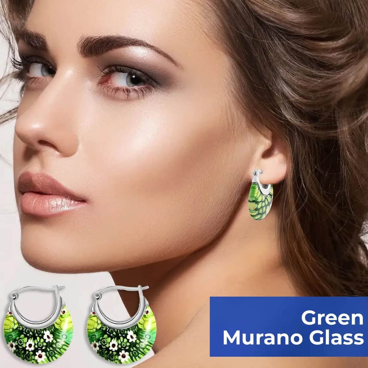 Green Murano Style Hoop Basket Earrings in Stainless Steel, Floral Millefiori Earrings, Sweatproof Hypoallergenic Earrings (Del. in 15-20 Days) image number 3