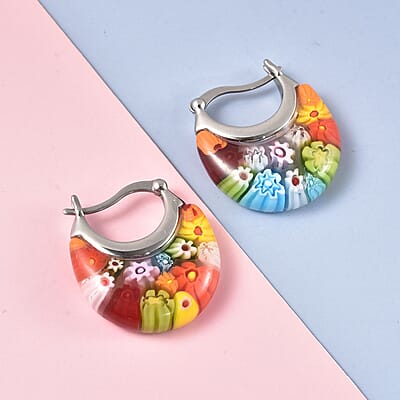 Multi Color Murano Style Crescent Moon Earrings in Stainless Steel with Lifetime Guarantee
