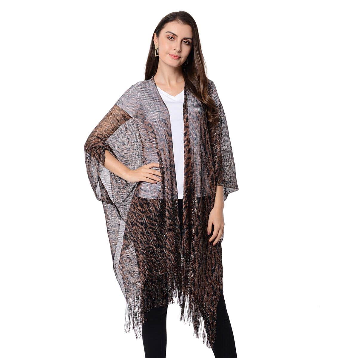 Brown, Black Zebra Pattern Mesh Kimono with Fringes (One Size Fits Most, Polyester) image number 0