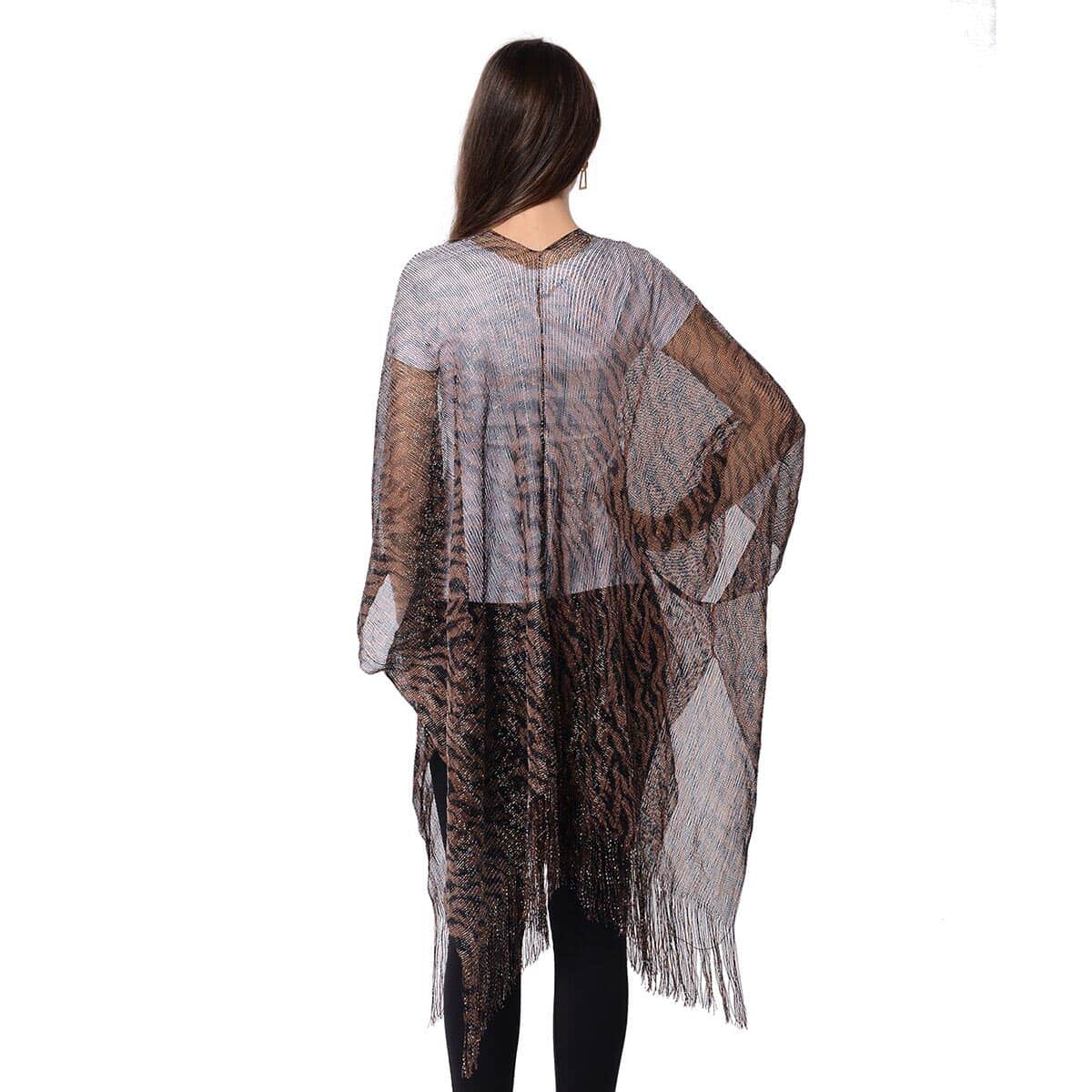 Brown, Black Zebra Pattern Mesh Kimono with Fringes (One Size Fits Most, Polyester) image number 1