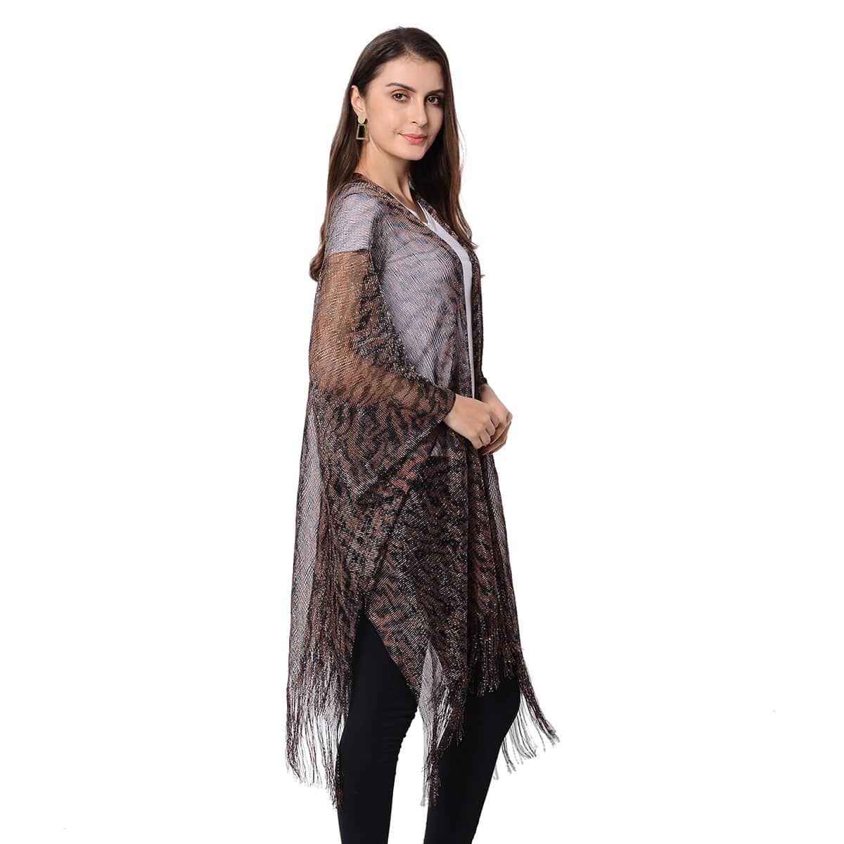 Brown, Black Zebra Pattern Mesh Kimono with Fringes (One Size Fits Most, Polyester) image number 2