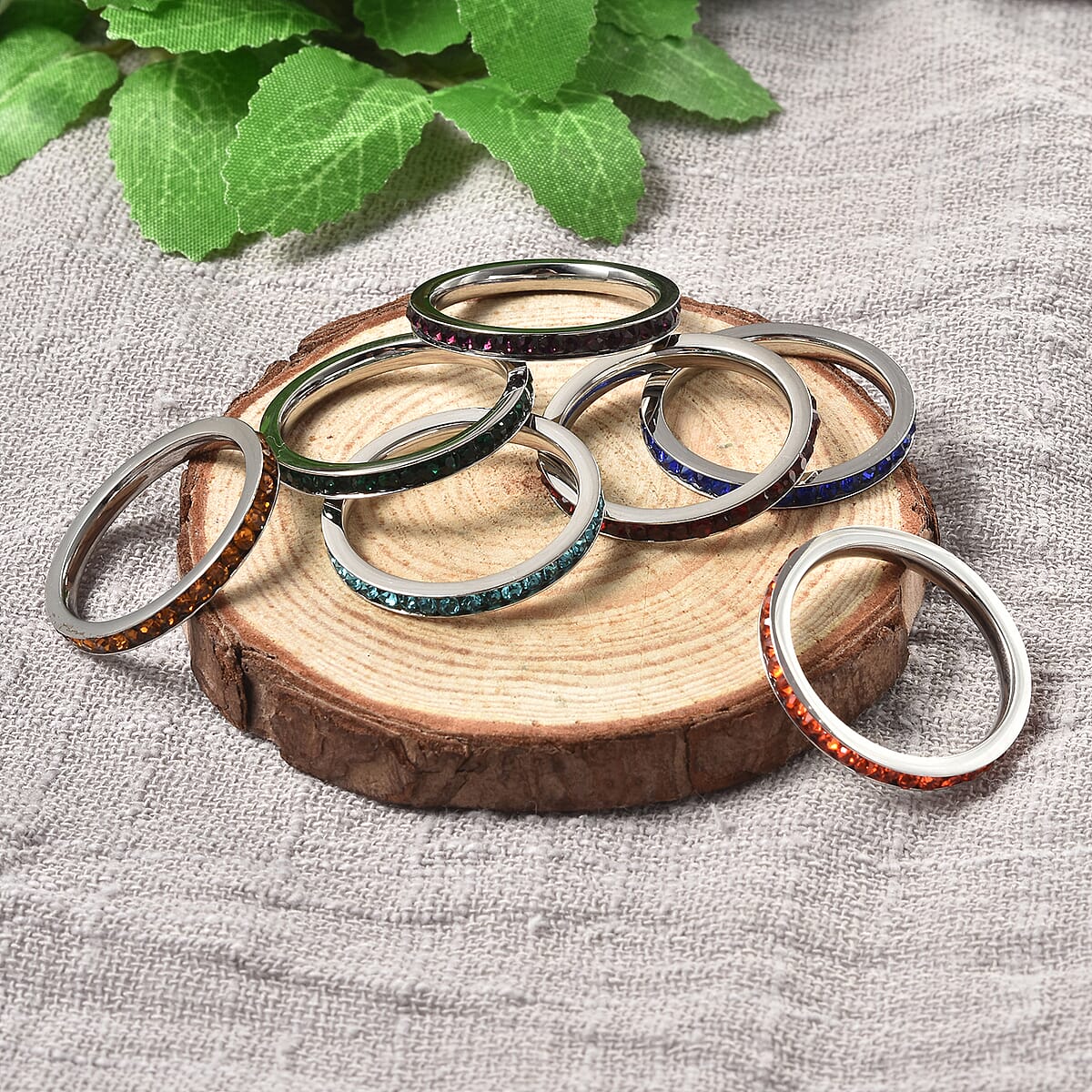 Set of 7 Multi Color Austrian Crystal Eternity Band Rings in Stainless Steel (Size 7) image number 1