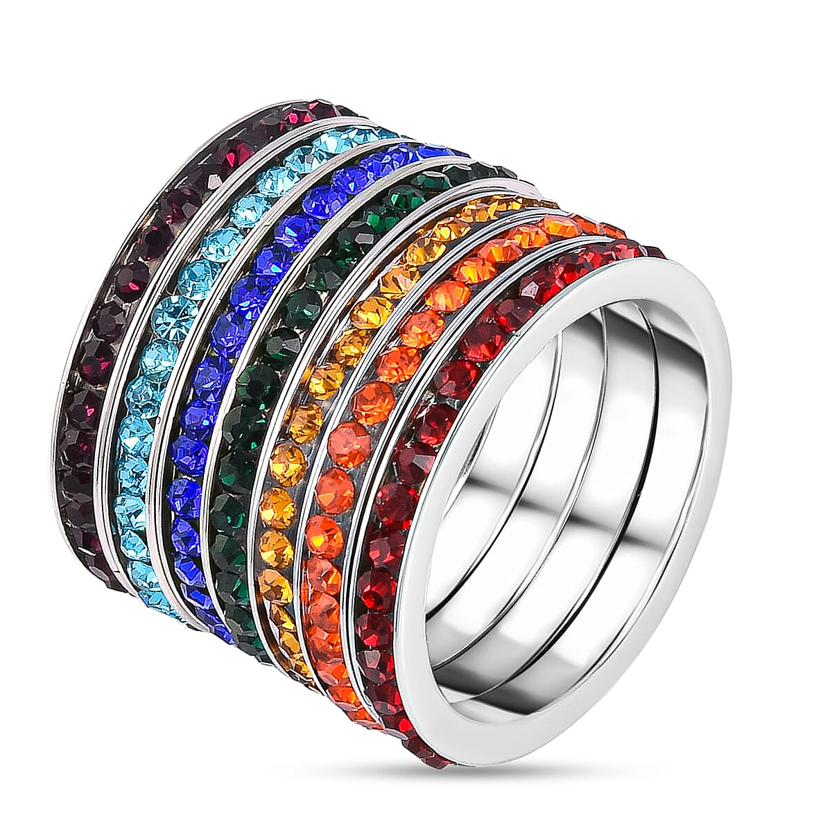 Set of 7 Multi Color Austrian Crystal Eternity Band Rings in Stainless Steel (Size 7) image number 2