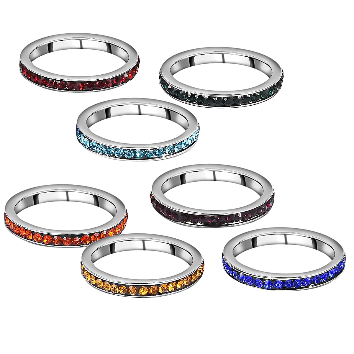 Set of 7 Multi Color Austrian Crystal Eternity Band Rings in Stainless Steel (Size 7) image number 4