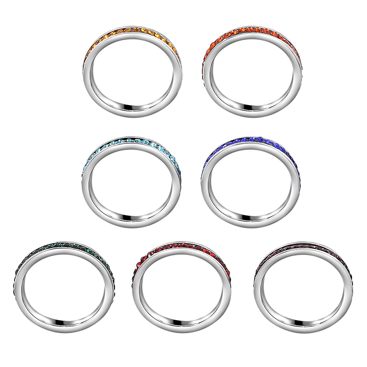 Set of 7 Multi Color Austrian Crystal Eternity Band Rings in Stainless Steel (Size 7) image number 5