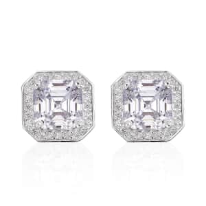 Lustro Stella Asscher Cut Finest CZ 8mm Halo Stud Earrings in Platinum Over Sterling Silver 7.00 ctw