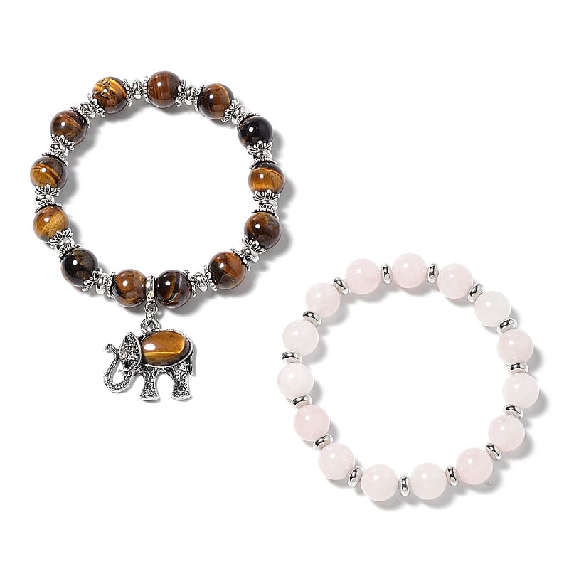 Set of 2 Galilea Rose Quartz, Tiger's Eye and Austrian Crystal 168.50 ctw Stretch Bracelets in Black Oxidized Silvertone