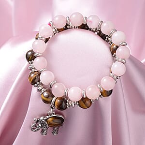 Set of 2 Galilea Rose Quartz, Tiger's Eye and Austrian Crystal 168.50 ctw Stretch Bracelets in Black Oxidized Silvertone