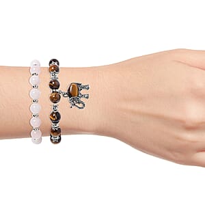 Set of 2 Galilea Rose Quartz, Tiger's Eye and Austrian Crystal 168.50 ctw Stretch Bracelets in Black Oxidized Silvertone