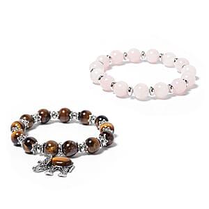 Set of 2 Galilea Rose Quartz, Tiger's Eye and Austrian Crystal 168.50 ctw Stretch Bracelets in Black Oxidized Silvertone