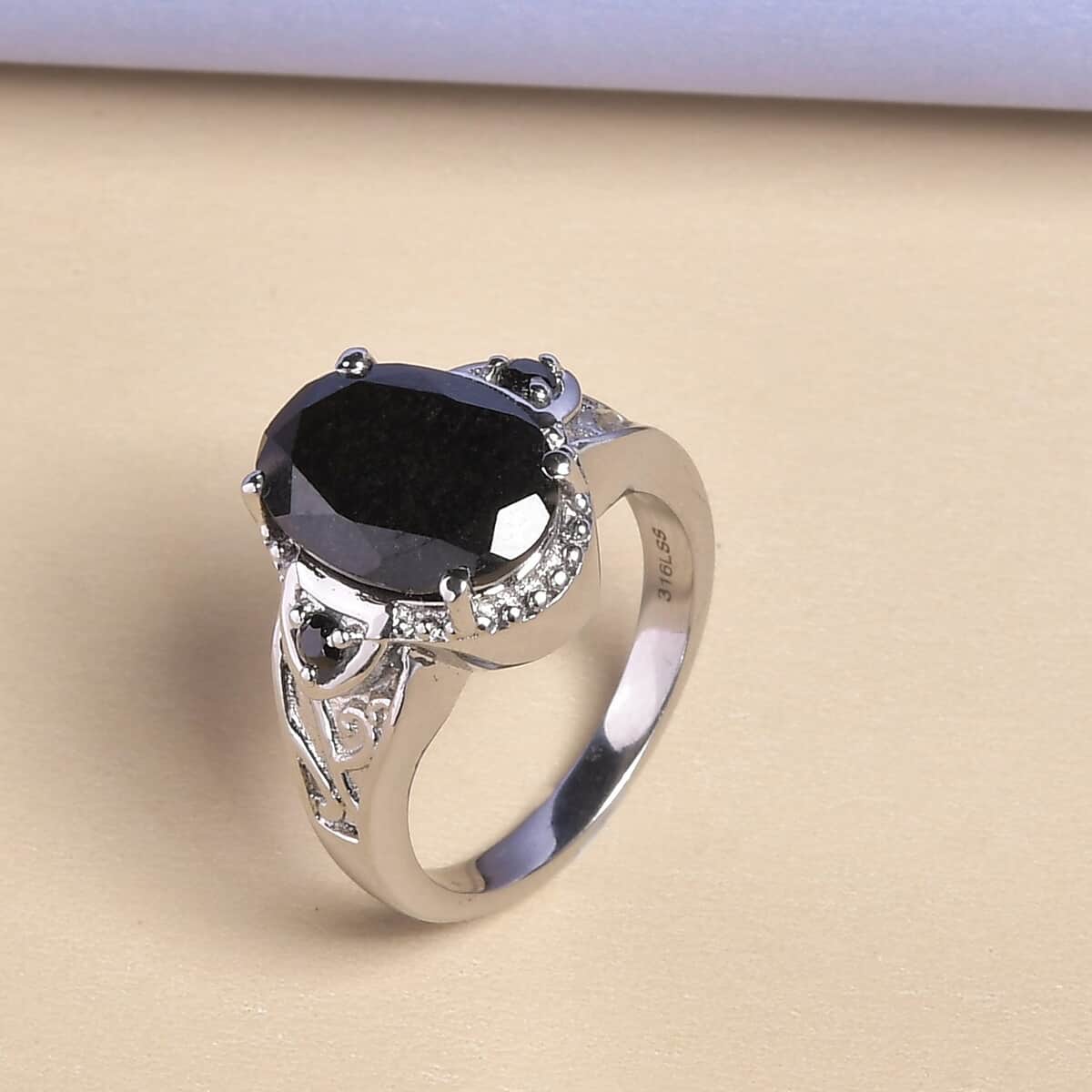Australian Black Tourmaline and Thai Black Spinel Ring in Stainless Steel (Size 10.0) 6.50 ctw image number 2