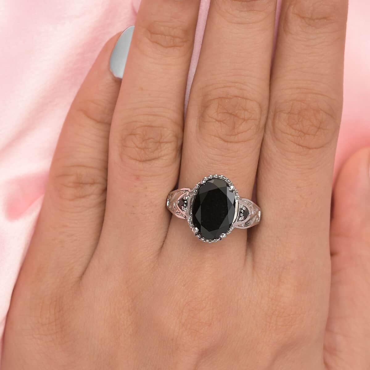 Australian Black Tourmaline and Natural Thai Black Spinel Ring in Stainless Steel 6.40 ctw image number 3