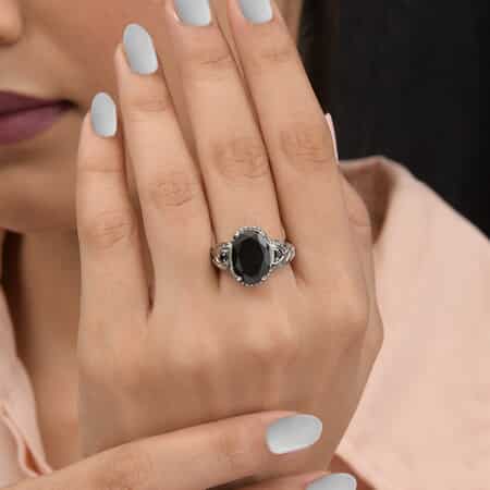 Australian Black Tourmaline and Natural Thai Black Spinel Ring in Stainless Steel 6.40 ctw image number 4