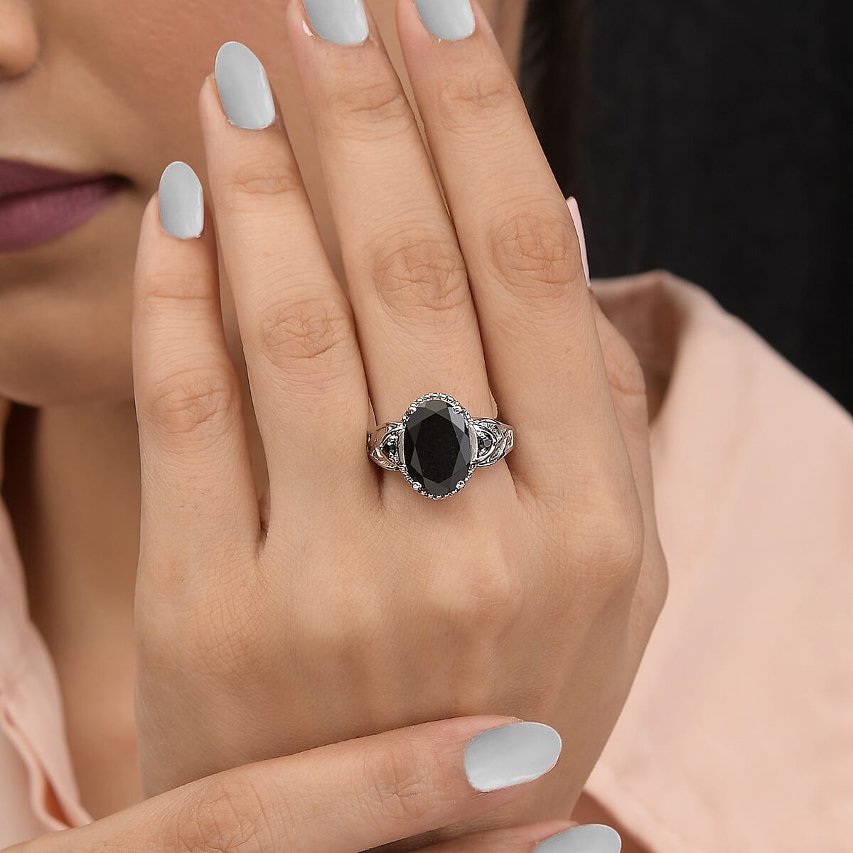Australian Black Tourmaline and Thai Black Spinel 6.50 ctw Ring in Stainless Steel (Size 7.0) image number 4