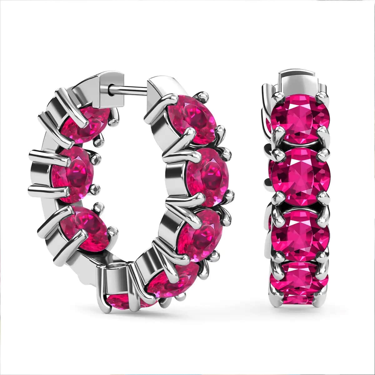Simulated Ruby Color Diamond Earrings in Stainless Steel, Inside Out Hoops, Simulated Diamond Jewelry For Women image number 0