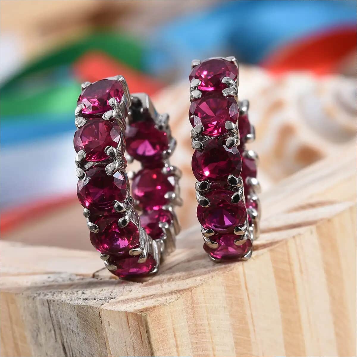 Simulated Ruby Color Diamond Earrings in Stainless Steel, Inside Out Hoops, Simulated Diamond Jewelry For Women image number 1