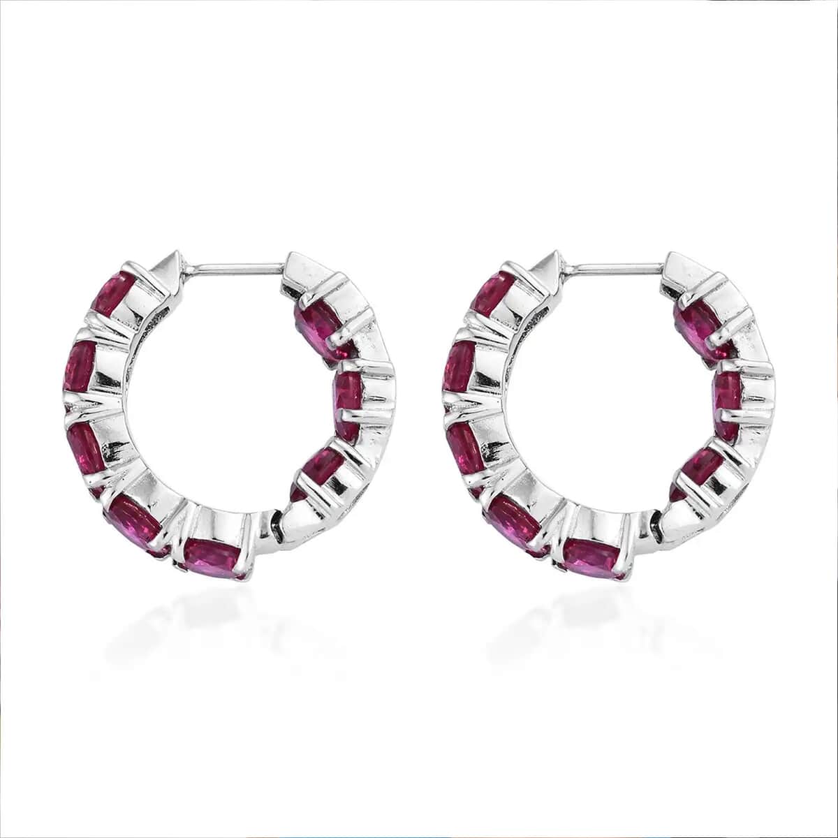 Simulated Ruby Color Diamond Earrings in Stainless Steel, Inside Out Hoops, Simulated Diamond Jewelry For Women image number 6