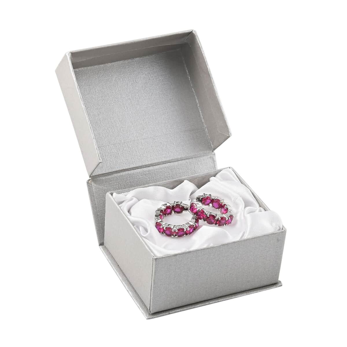Simulated Ruby Color Diamond Earrings in Stainless Steel, Inside Out Hoops, Simulated Diamond Jewelry For Women image number 7