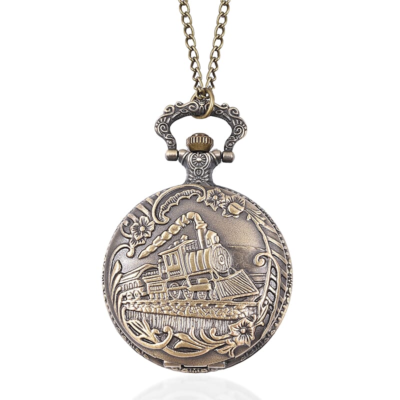 STRADA Japanese Movement Train Pattern Water Resistant Pocket Watch With Silvertone Chain (31.50 Inches)