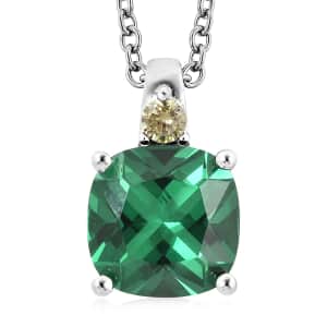 Simulated Green Quartz and Simulated Peridot Color Diamond Pendant in Sterling Silver with Stainless Steel Necklace 20 Inches