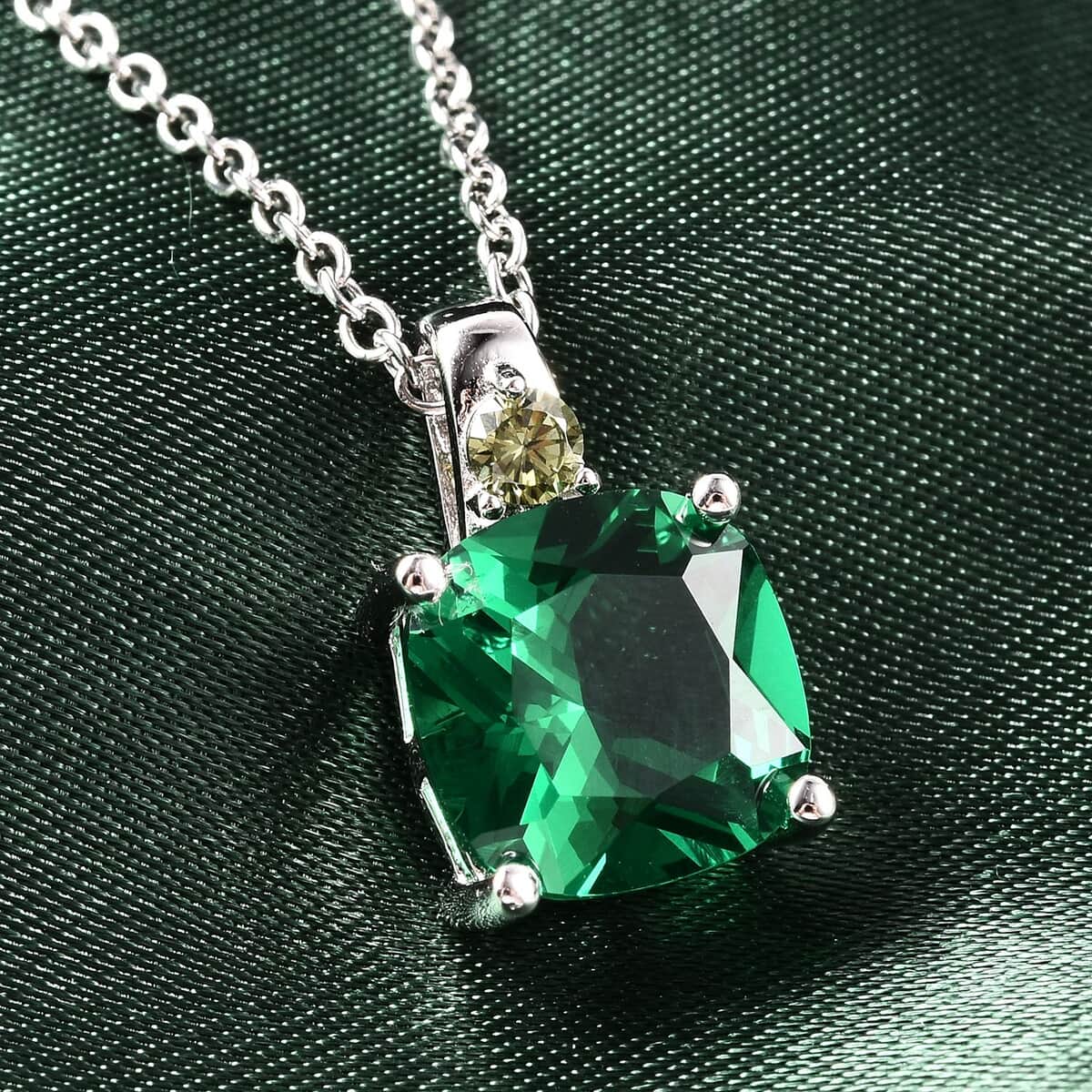 Simulated Green Quartz and Simulated Peridot Color Diamond Pendant in Sterling Silver with Stainless Steel Necklace 20 Inches image number 1