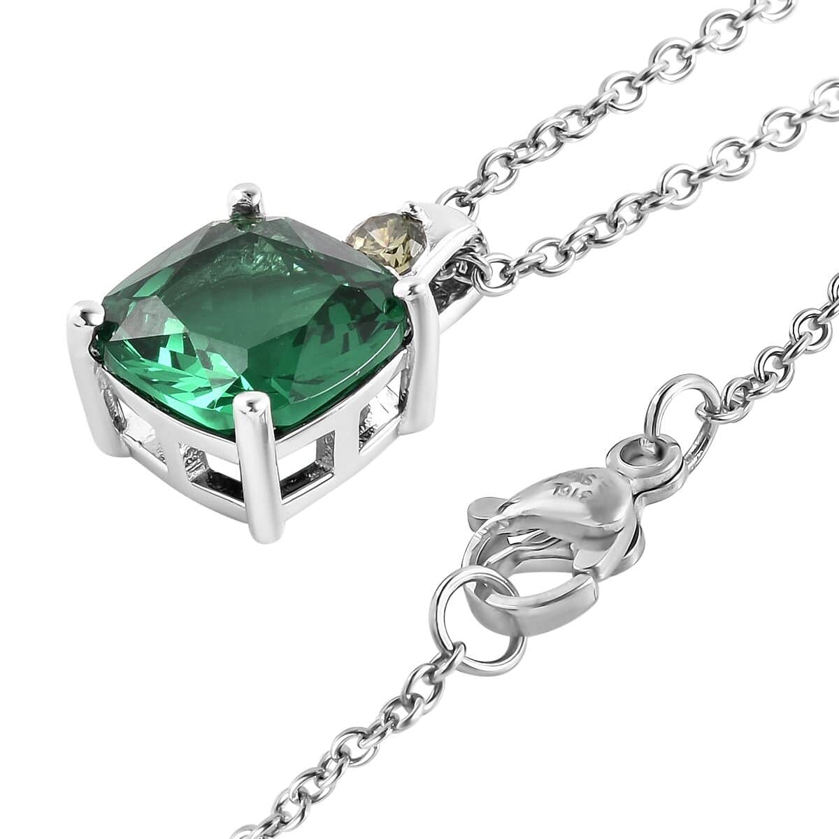 Simulated Green Quartz and Simulated Peridot Color Diamond Pendant in Sterling Silver with Stainless Steel Necklace 20 Inches image number 3