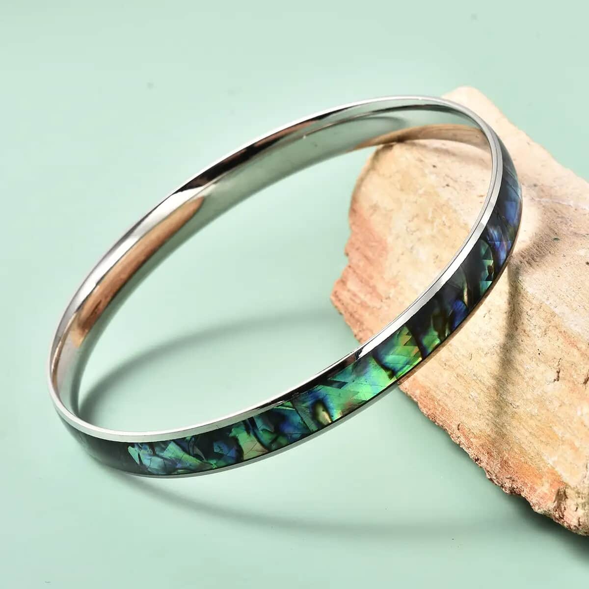 Abalone Shell Bangle Bracelet in Stainless Steel (8 in) image number 1