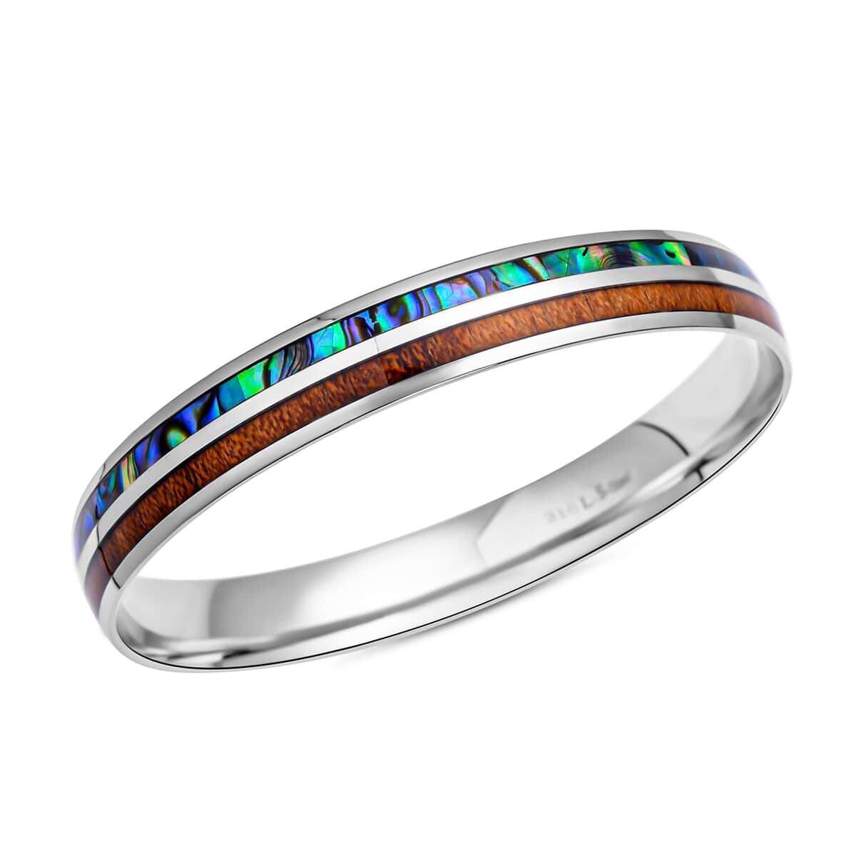 Acacia Wood and Abalone Shell Enameled Bangle Bracelet in Stainless Steel (8 in) image number 0